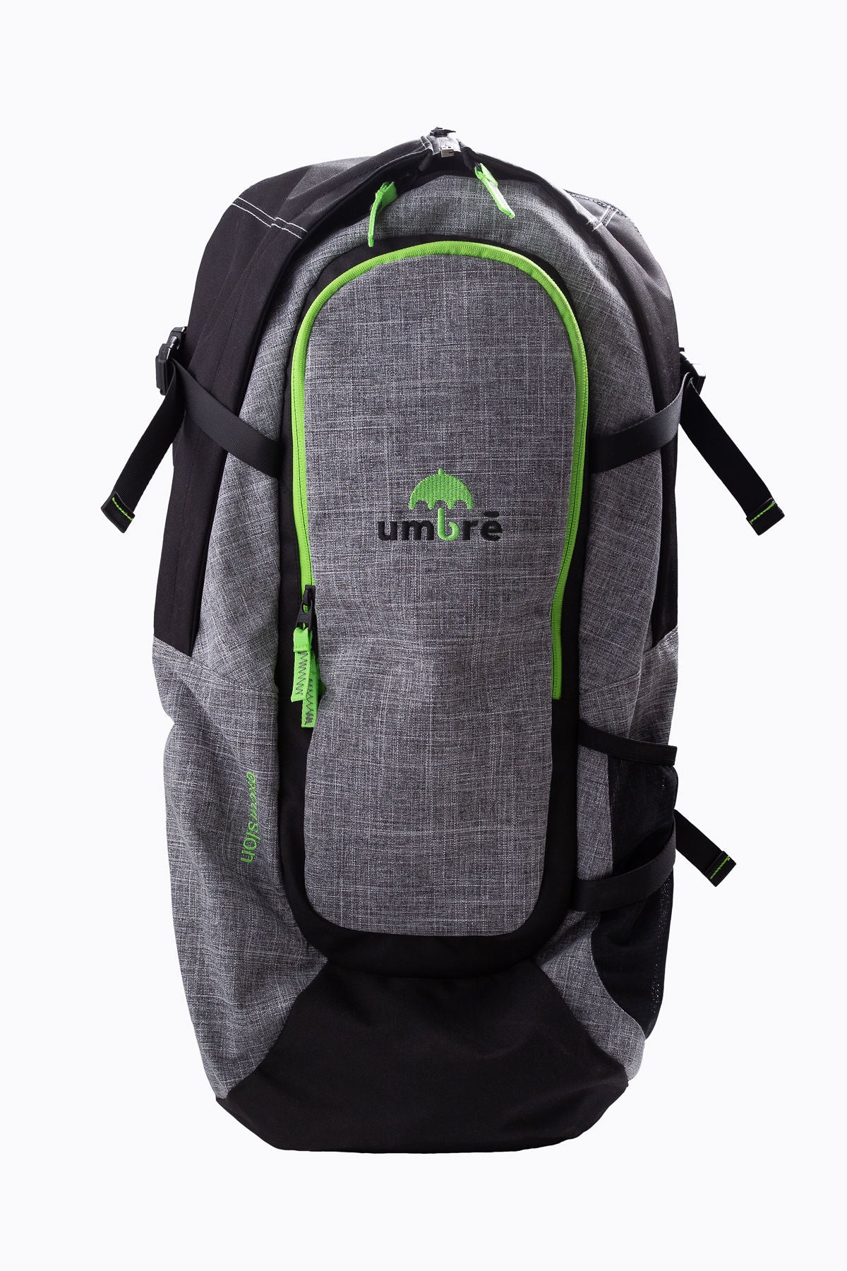 Umbre Excursion Backpack product image, grey with black and green highlights , full size backpack